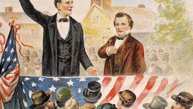 Illustration of Republican presidential candidate Abraham Lincoln debating his opponent Steven Douglas in front of a crowd, circa 1858