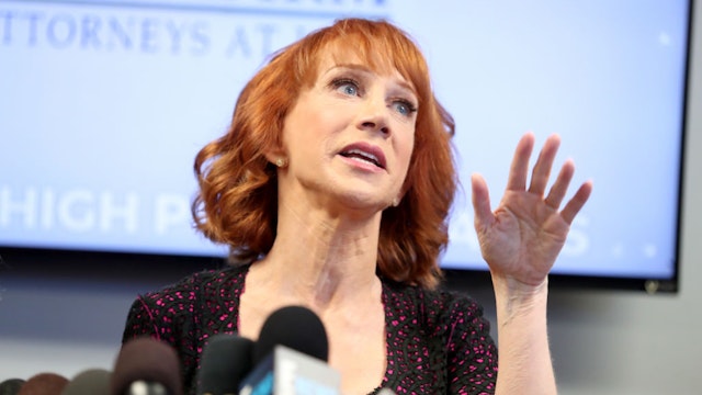 Kathy Griffin speaks during a press conference at The Bloom Firm on June 2, 2017 in Woodland Hills, California. Griffin is holding the press conference after a controversial photoshoot where she was holding a bloodied mask depicting President Donald Trump and to address alleged bullying by the Trump family. (Photo by Frederick M. Brown/Getty Images)