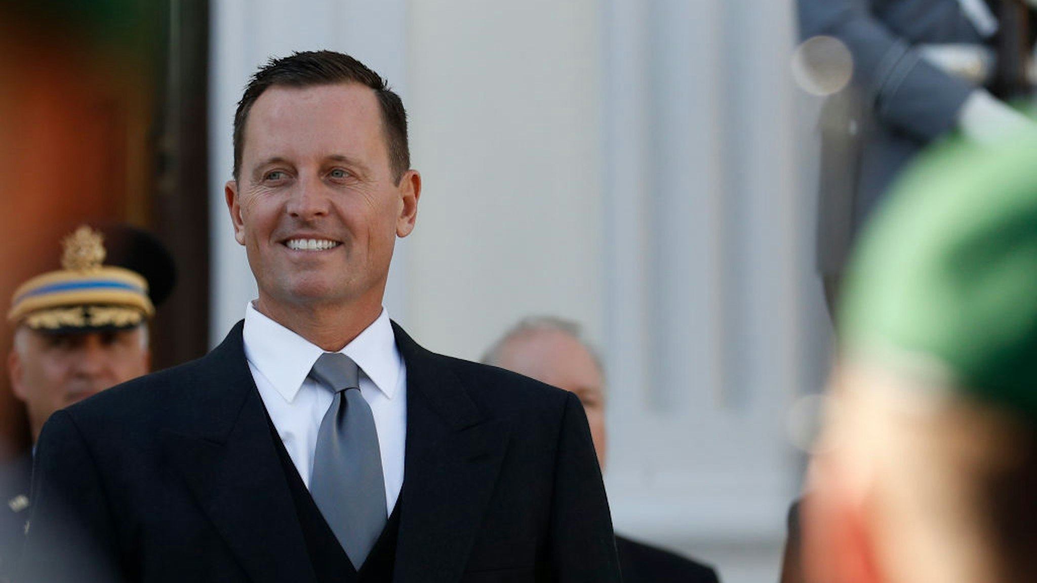 Newly accredited US Ambassador Richard Allen Grenell stands in front of a military honor guard during an accreditation ceremony for new Ambassadors in Berlin, Germany, on May 08, 2018.