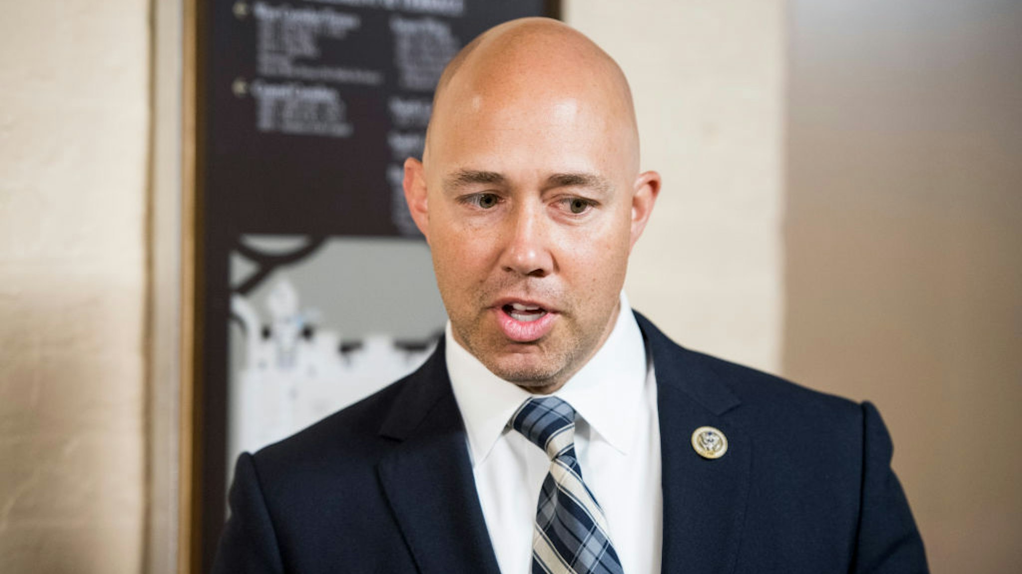 UNITED STATES - JUNE 20: Rep. Brian Mast, R-Fla., leaves the House Republican Conference meeting in the Capitol on Wednesday, June 20, 2018.