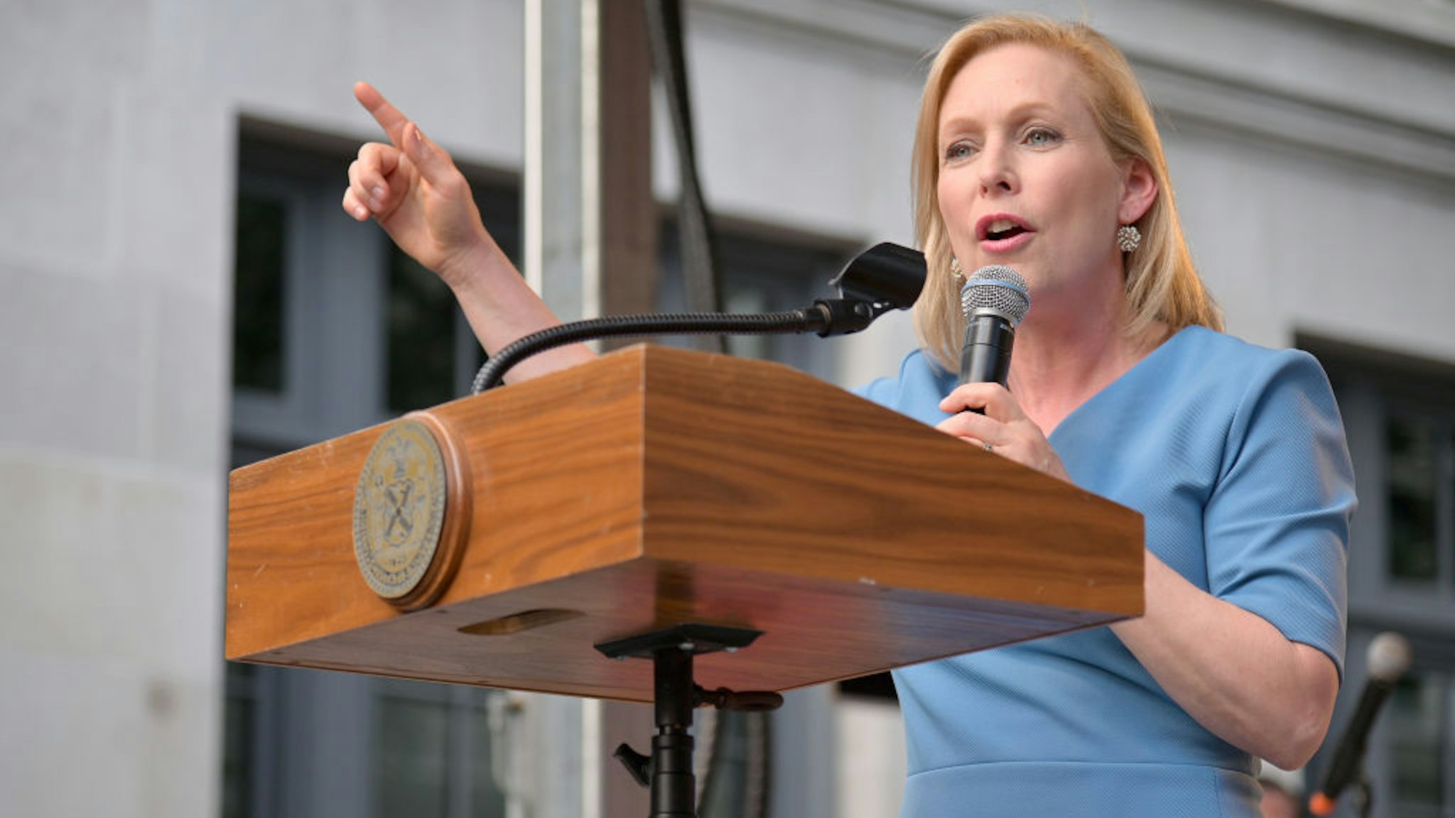 NEW YORK, NEW YORK - JUNE 28: United States Senator Kirsten Gillibrand addresses attendees during the Stonewall 50th Commemoration rally during WorldPride NYC 2019 on June 28, 2019 in New York City.