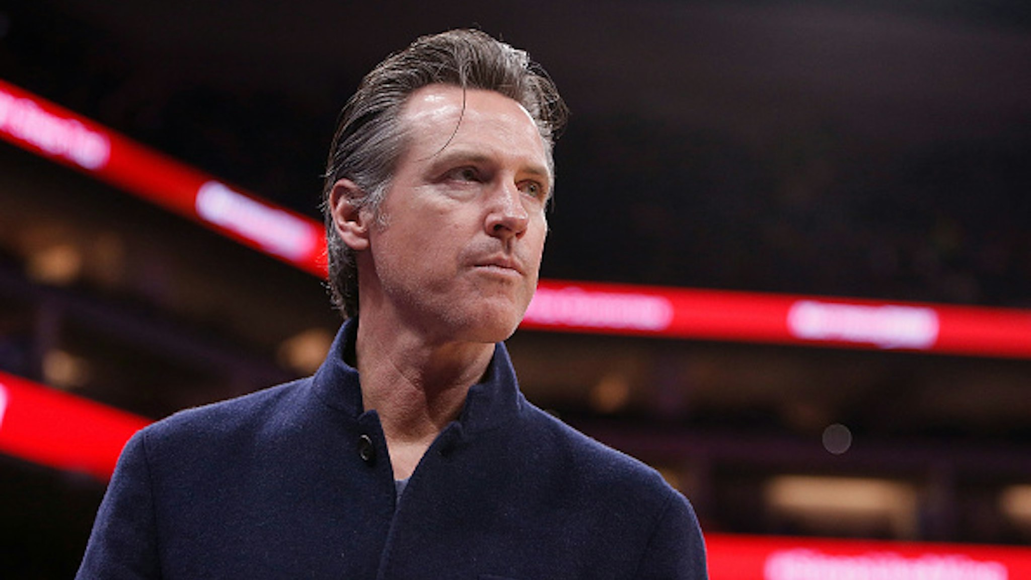 Governor of California Gavin Newsom looks on during the game between the Chicago Bulls and the Sacramento Kings at Golden 1 Center on March 17, 2019 in Sacramento, California.