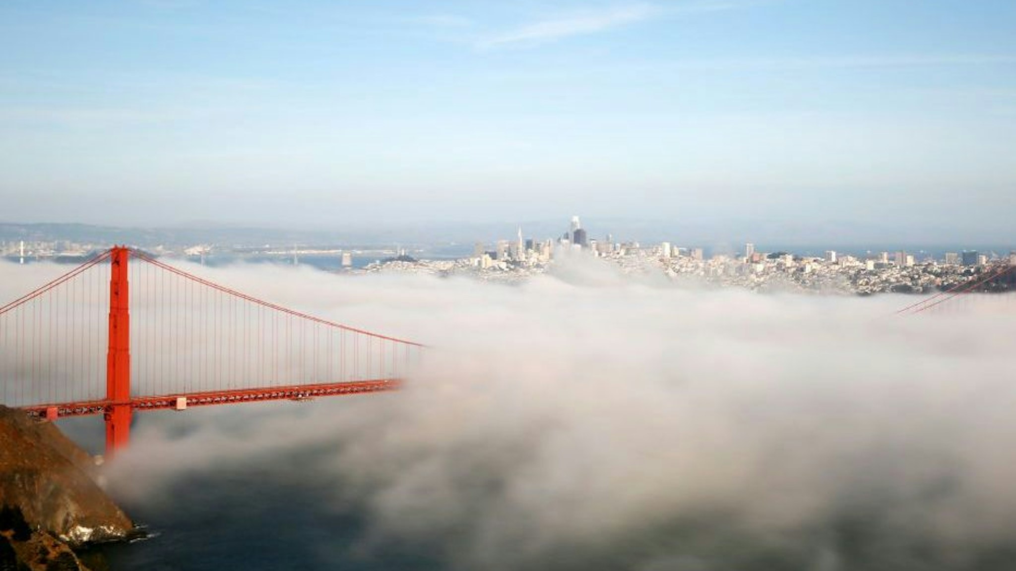 SAN FRANCISCO, USA - JULY 18: Heavy fog blankets the Golden Gate Bridge in San Francisco, United States on July 18, 2019.