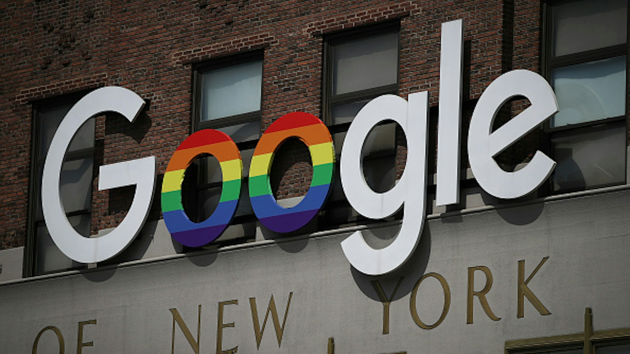The Google logo adorns the outside of their NYC office Google Building 8510 at 85 10th Ave on June 3, 2019 in New York City.