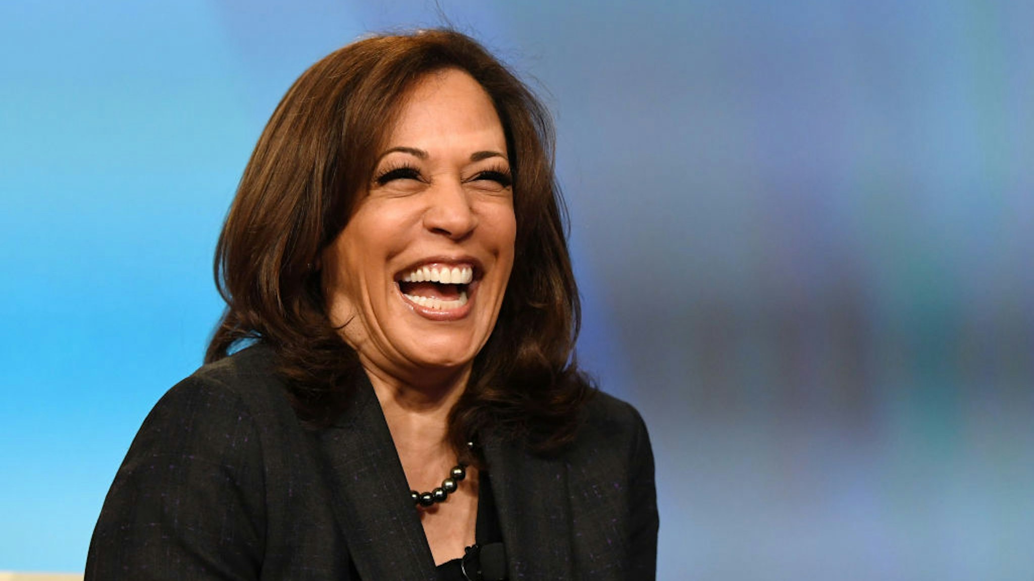 LAS VEGAS, NEVADA - MARCH 01: U.S. Sen. Kamala Harris (D-CA) laughs while speaking at the "Conversations that Count" event during the Black Enterprise Women of Power Summit at The Mirage Hotel &amp; Casino on March 1, 2019 in Las Vegas, Nevada. Harris is campaigning for the 2020 Democratic nomination for president.
