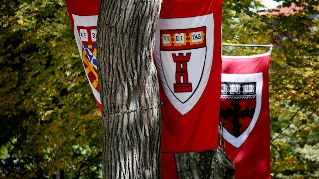 Banners hang for the inauguration of Harvard University's 29th president, Larry Bacow, at the campus in Cambridge, MA on Oct. 5, 2018.
