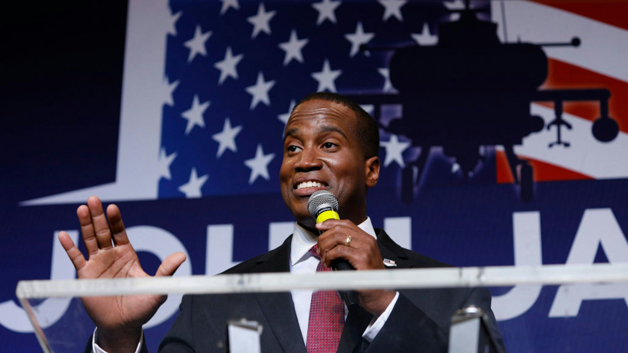 John James, Michigan GOP Senate candidate, speaks at an election night event after winning his primary election at his business