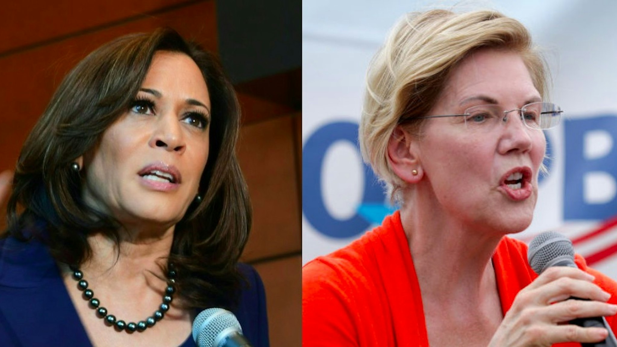 Side-by-side photographs of Democratic presidential candidates Sen. Kamala Harris (CA) and Sen. Elizabeth Warren (MA).