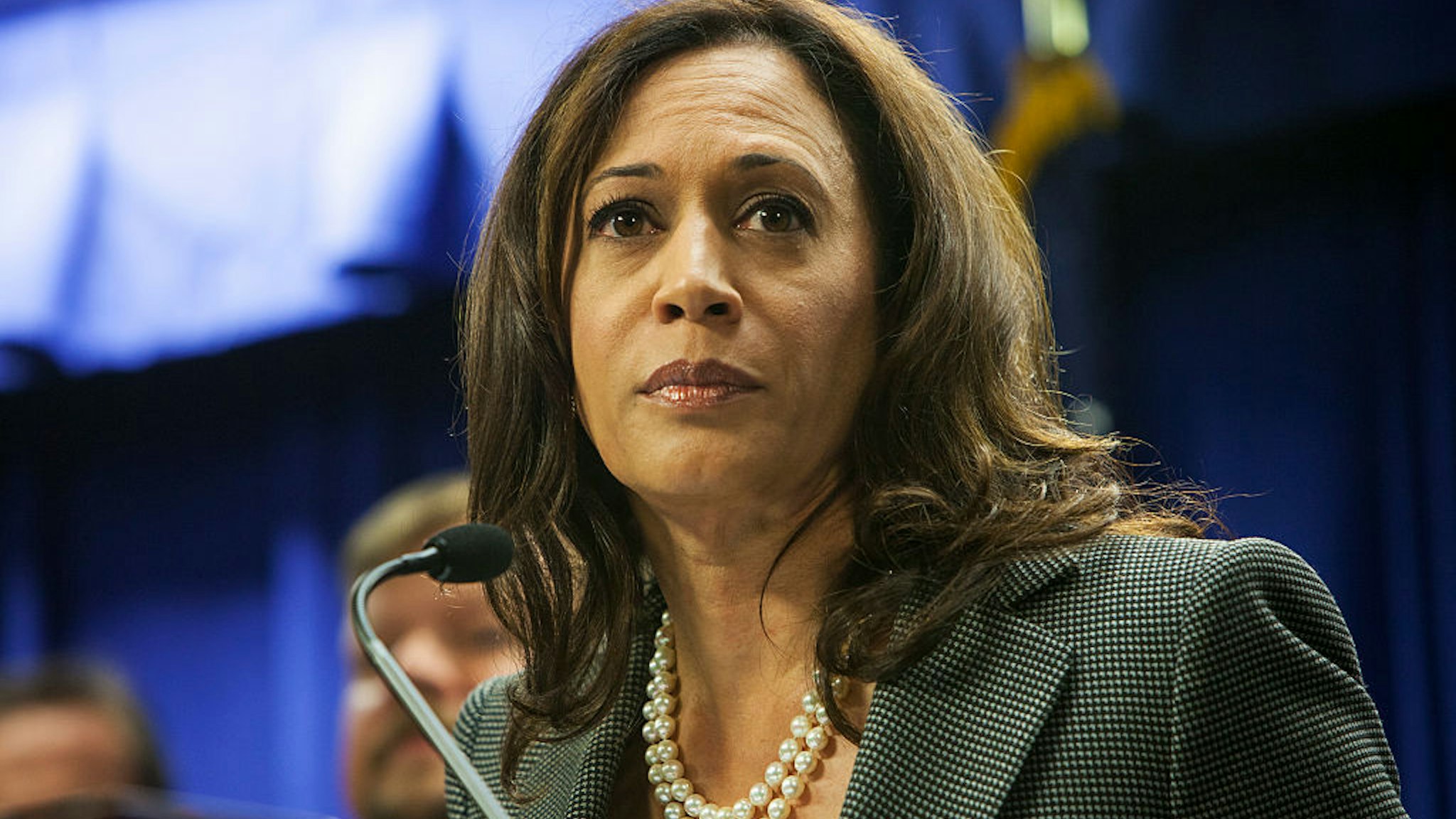 California Attorney General Kamala D. Harris. Press conference at the LA Federal Building to announce a multi-government and law enforcement agency sweep of downtown LA businesses linked to many laundering for drug cartels.