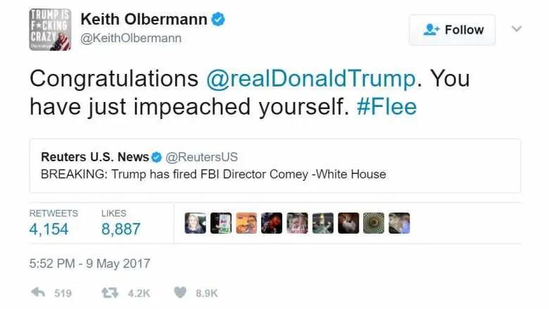 Keith Olbermann Wants Trump Impeached For Firing Comey. He Wanted Comey Fired Just A Few Months Ago.