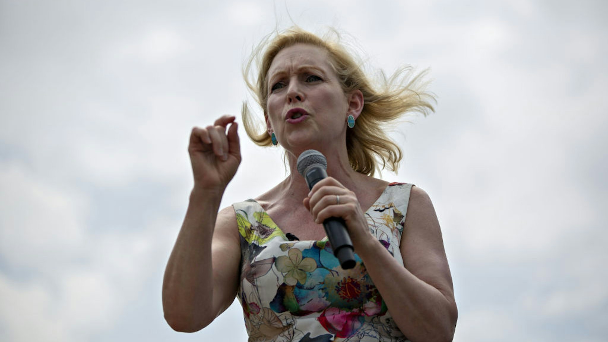 Senator Kirsten Gillibrand, a Democrat from New York and 2020 presidential candidate, speaks at the Des Moines Register Soapbox during the Iowa State Fair in Des Moines, Iowa, U.S., on Saturday, Aug. 10, 2019. The 2020 Democratic field is gathering in Iowa for the showcase Iowa State Fair, a chance for candidates to meet with voters in the first primary contest of the presidential campaign -- and eat fattening food and view butter sculptures.