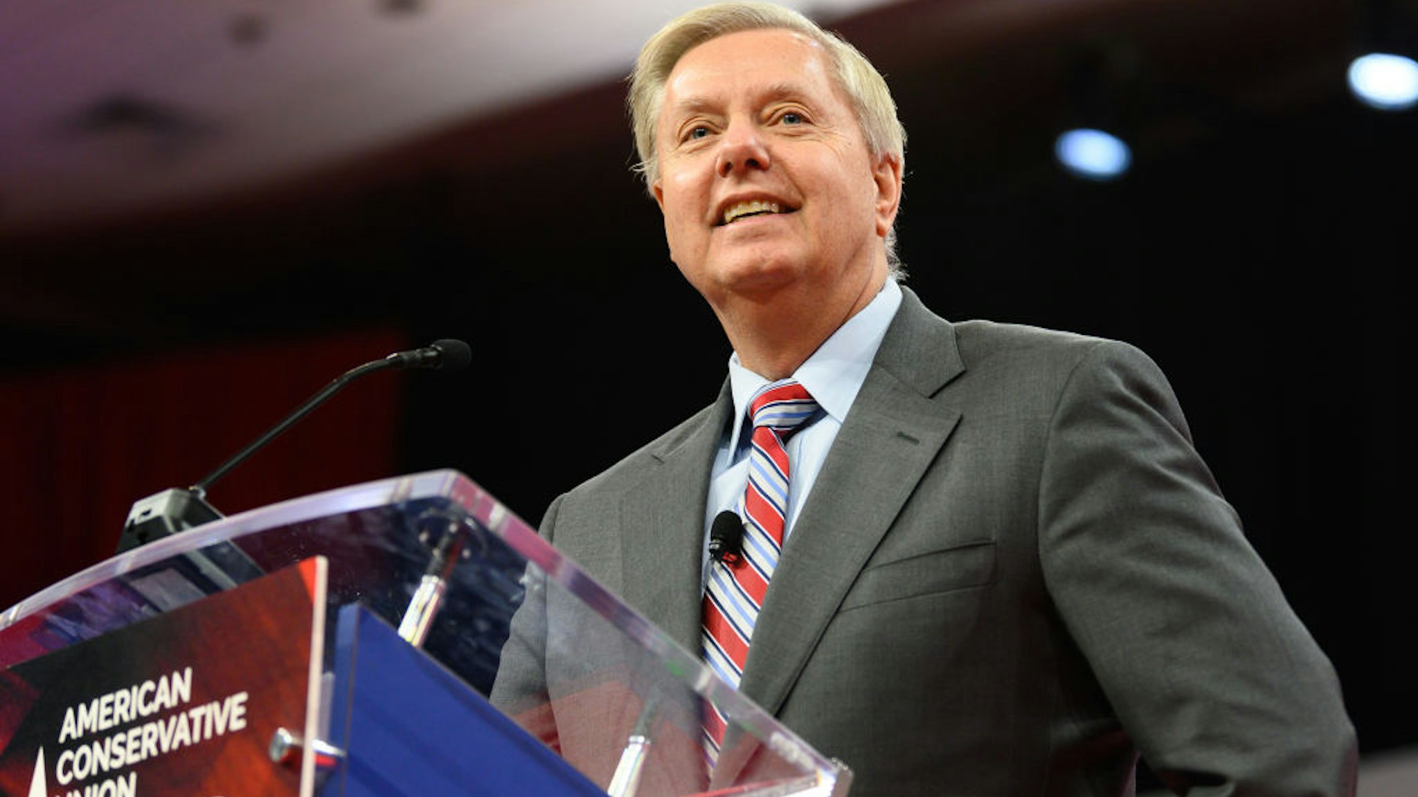 Lindsey Graham seen speaking during the American Conservative Union's Conservative Political Action Conference (CPAC)