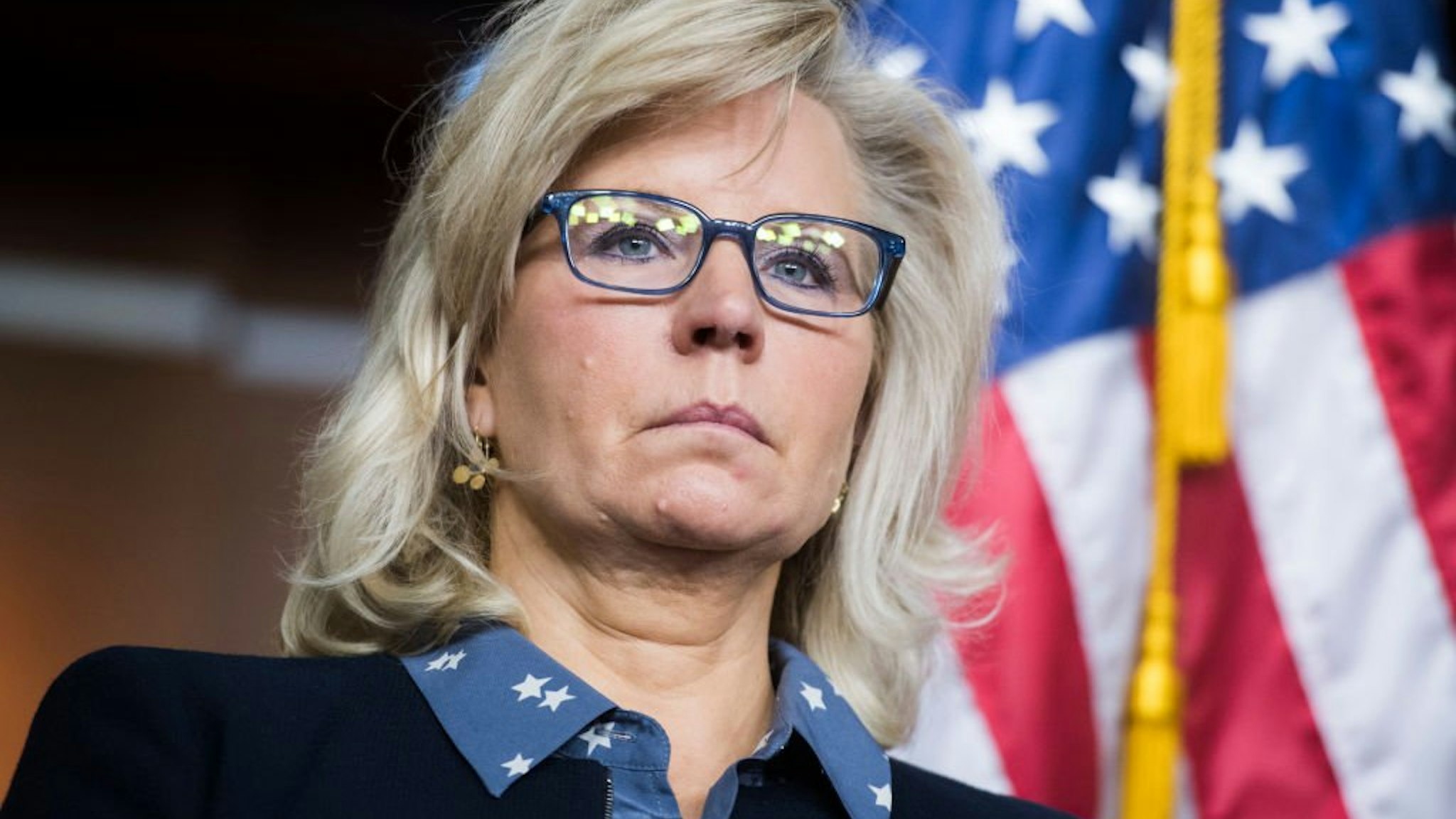 Liz Cheney, R-Wyo., conducts a news conference after a meeting in the Capitol Visitor Center