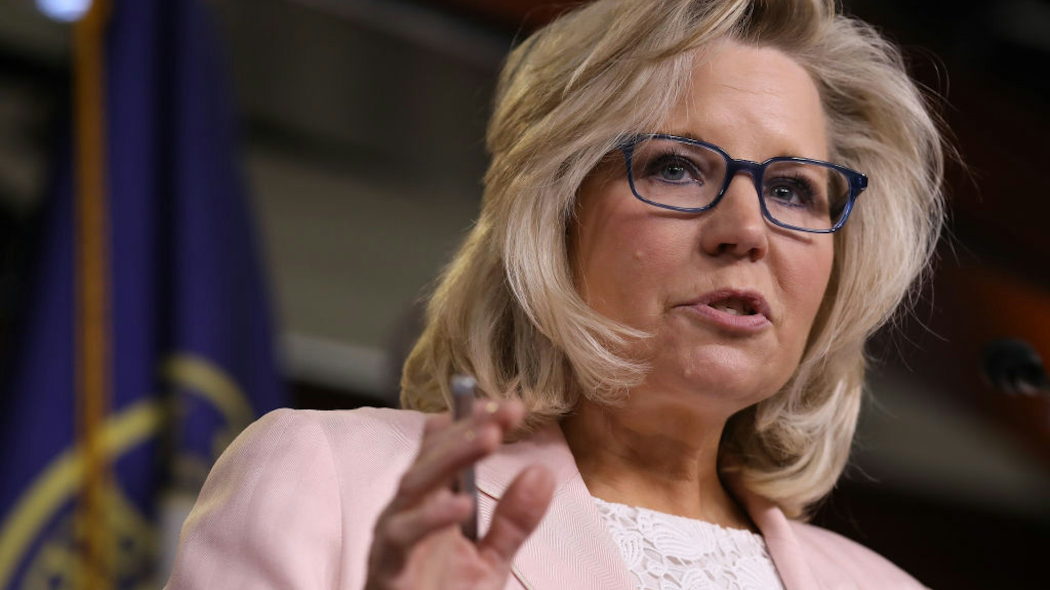 WASHINGTON, DC - MAY 08: House Republican Conference Chair Liz Cheney (R-WY) answers questions during a press conference at the U.S. Capitol on May 08, 2019 in Washington, DC. Cheney commented extensively on efforts by House Democrats to find U.S. Attorney General William Barr in contempt of Congress.