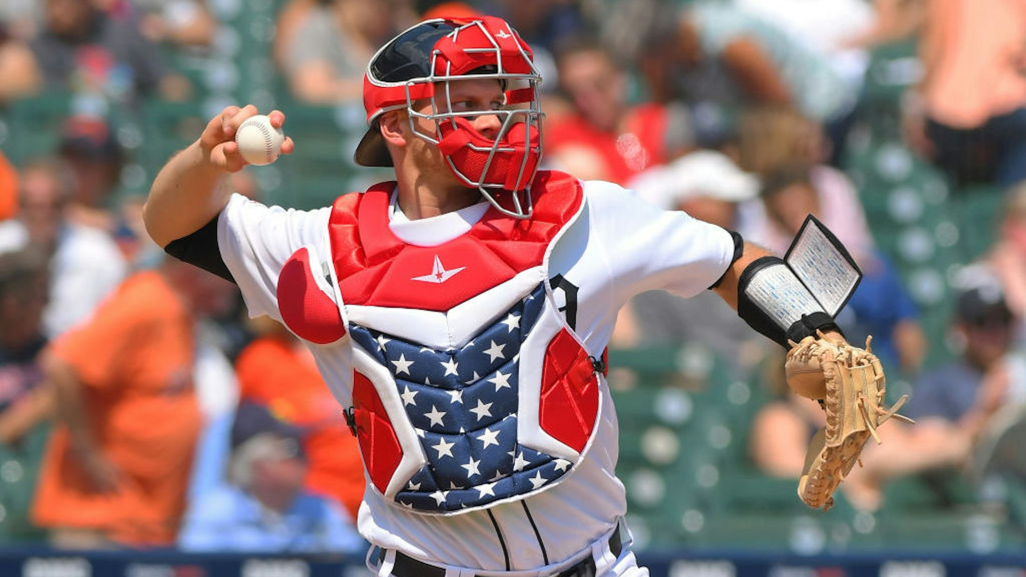 John Hicks #55 of the Detroit Tigers throws a baseball while wearing red, white and blue catchers gear to honor 4th of July weekend during the game against the Boston Red Sox at Comerica Park on July 7, 2019 in Detroit, Michigan.