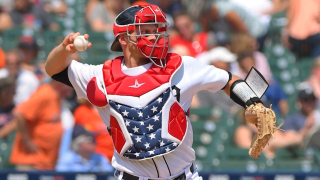 John Hicks #55 of the Detroit Tigers throws a baseball while wearing red, white and blue catchers gear to honor 4th of July weekend during the game against the Boston Red Sox at Comerica Park on July 7, 2019 in Detroit, Michigan.