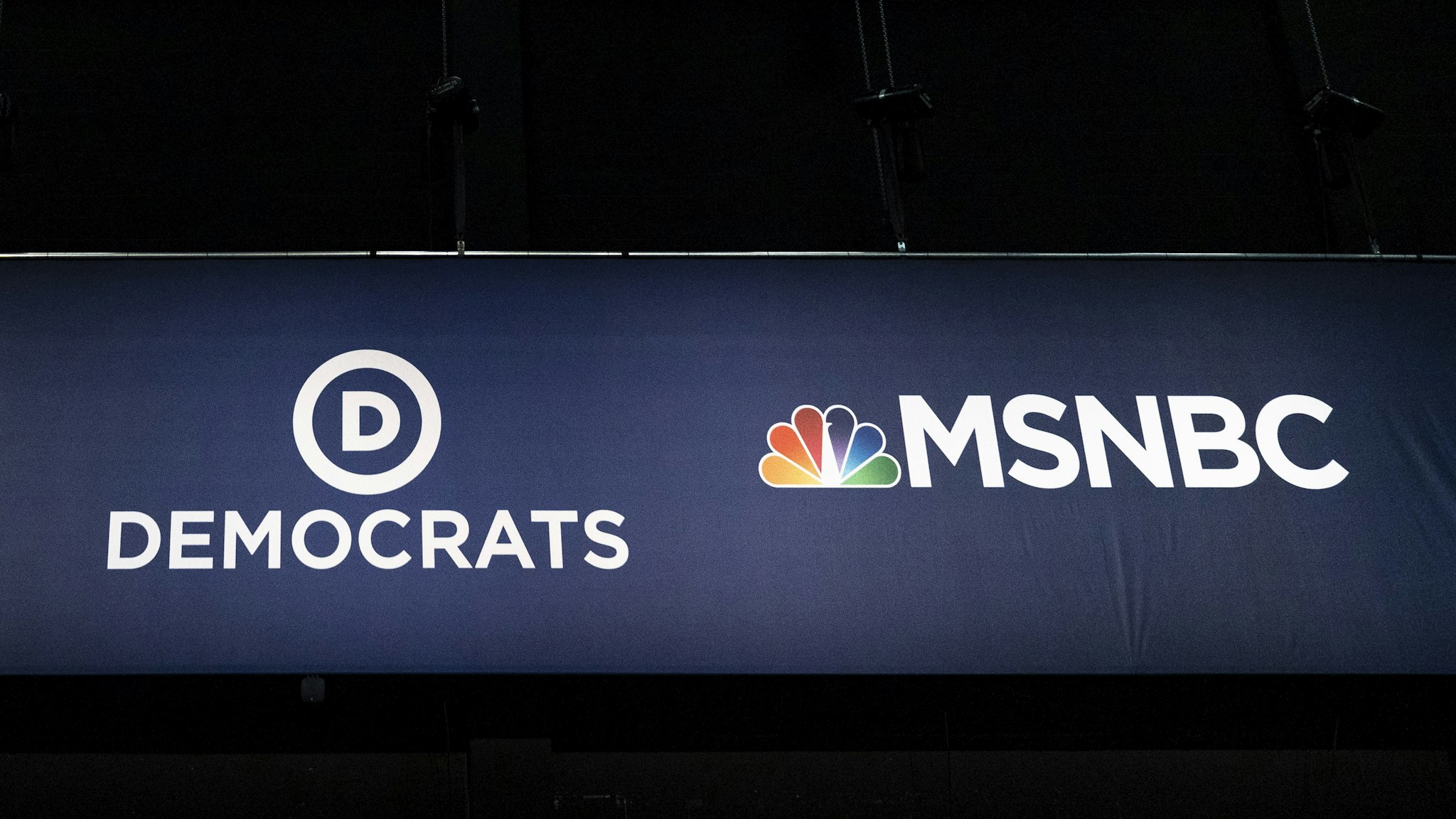 MIAMI, FL - JUNE 25: Advertising signage for NBC News and the Democratic Party is seen inside the media filing center at Adrienne Arsht Center for the Performing Arts where the first Democratic presidential primary debates for the 2020 elections will take place, June 25, 2019 in Miami, Florida.