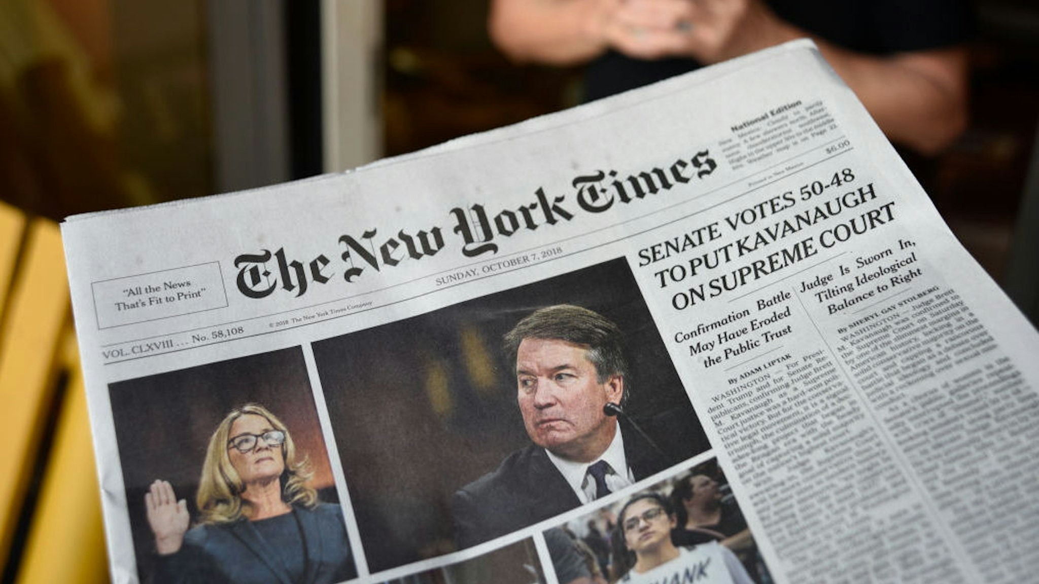 The headline on the front page of The New York Times declares that the United States Senate confirmed the nonination of Brent Kavanaugh to the U.S. Supreme Court.