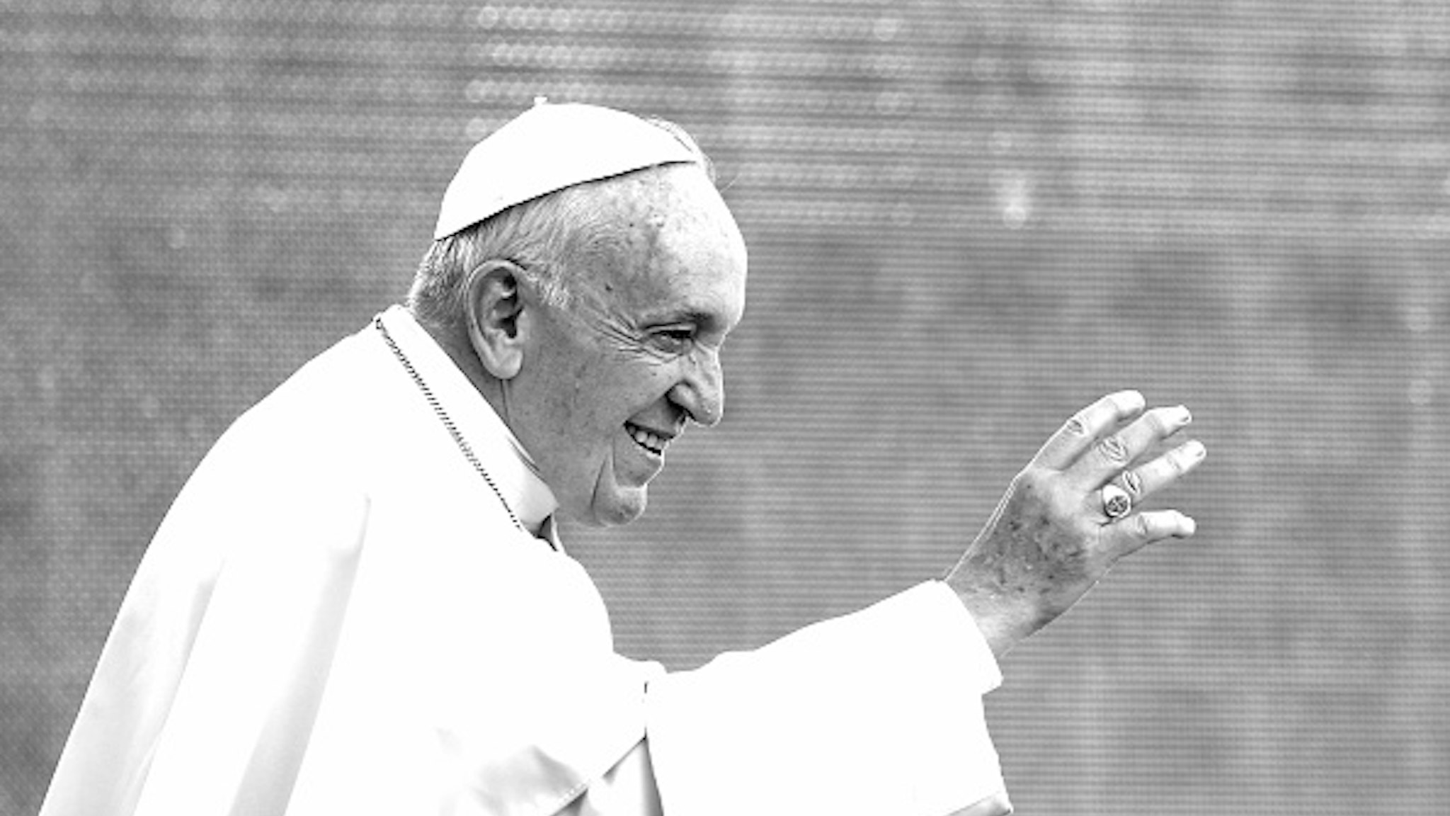 VATICAN CITY, VATICAN - SEPTEMBER 11: (EDITORS NOTE: This image has been converted in black and white) Pope Francis waves to the faithful as he arrives in St. Peter's square for his weekly Audience at The Vatican on September 11, 2019 in Vatican City, Vatican.