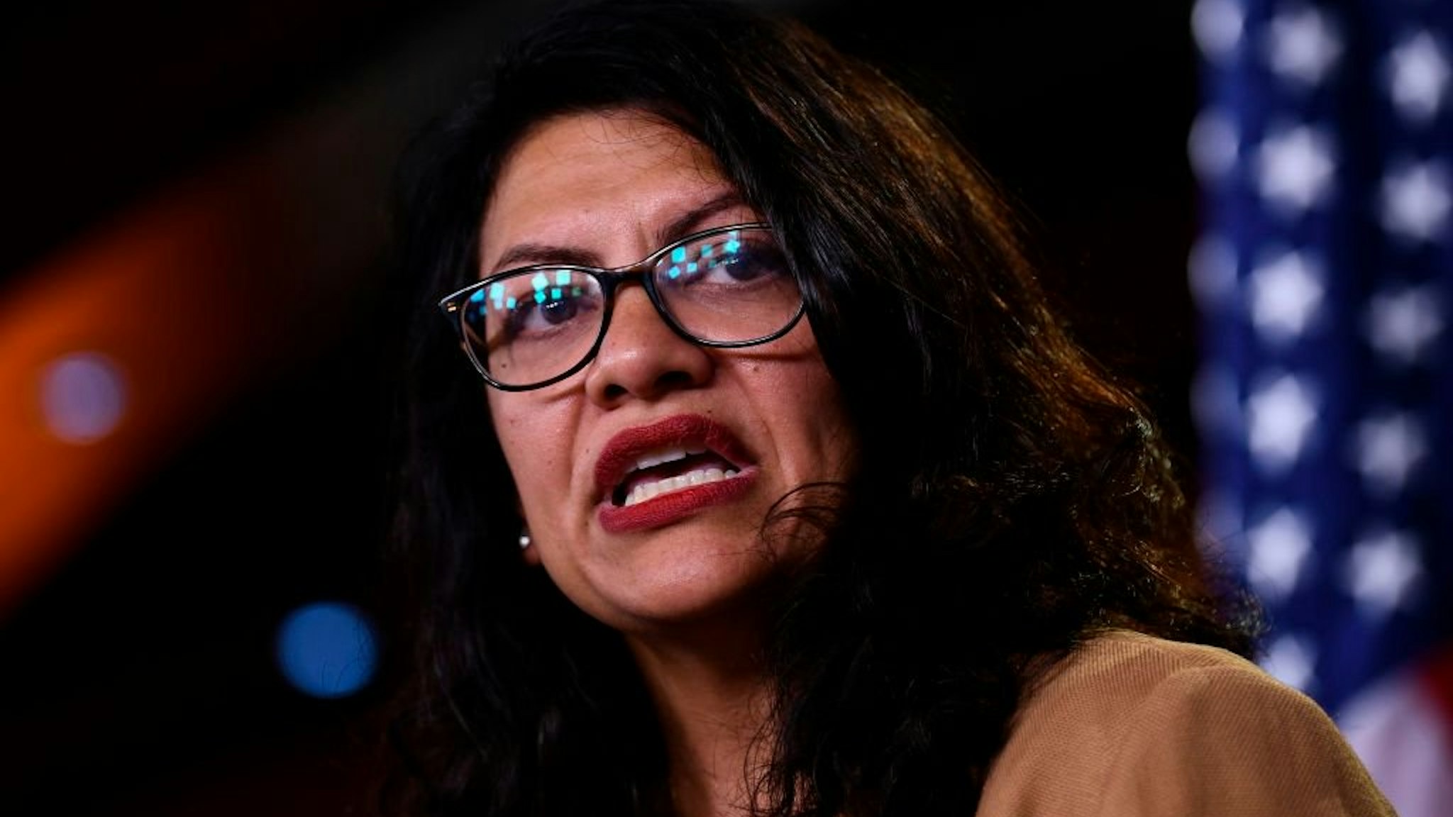 Rashida Tlaib speaks during a press conference, to address remarks made by US President Donald Trump earlier in the day