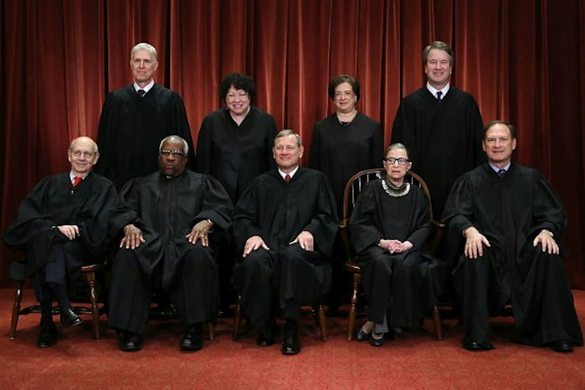 United States Supreme Court (Front L-R) Associate Justice Stephen Breyer, Associate Justice Clarence Thomas, Chief Justice John Roberts, Associate Justice Ruth Bader Ginsburg, Associate Justice Samuel Alito, Jr.,