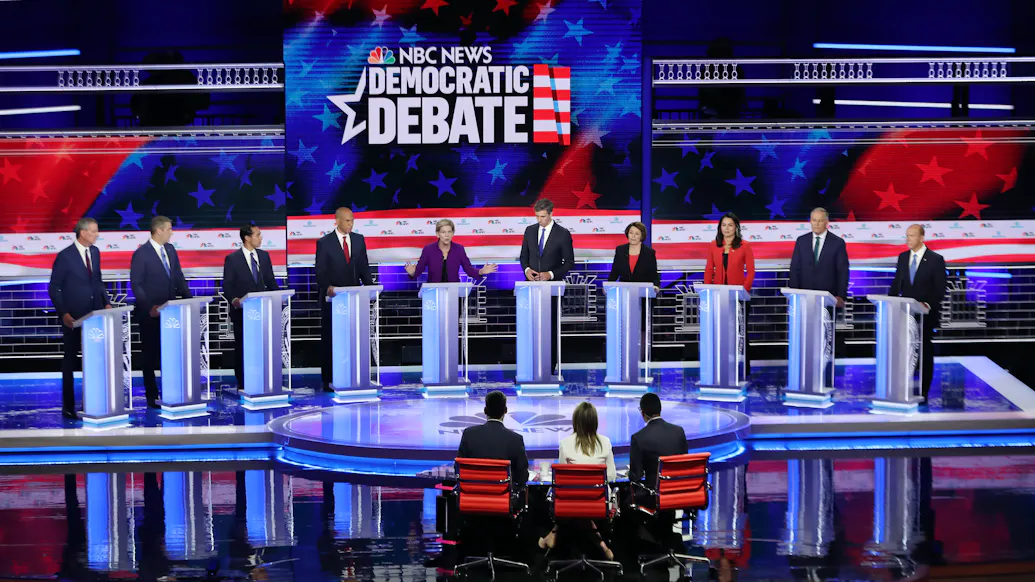 Mic Breakdown Mid-Democratic Primary Debate; Trump Mocks Them