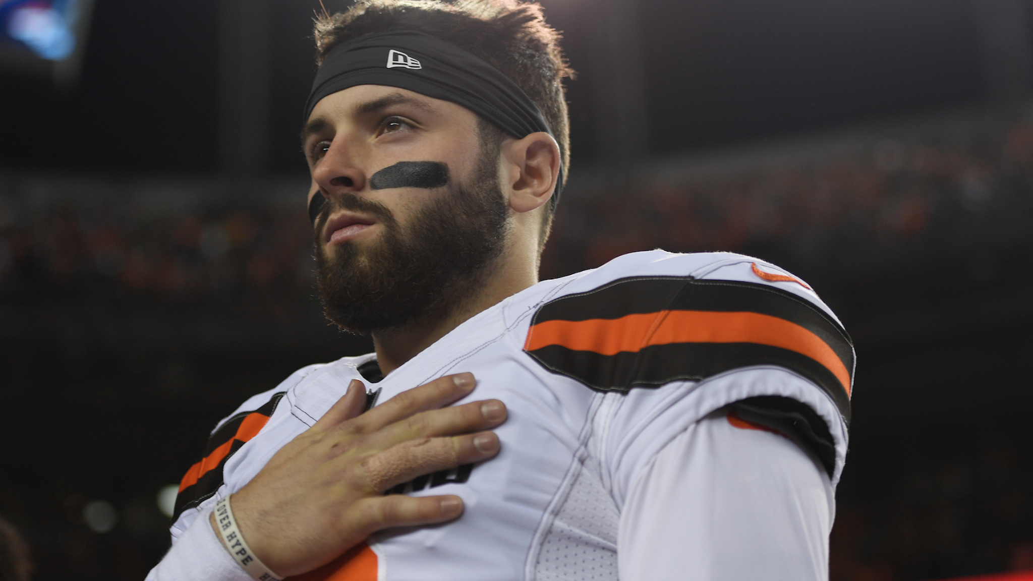 Baker Mayfield (6) of the Cleveland Browns during the National Anthem before the game against the Denver Broncos. The Denver Broncos hosted the Cleveland Browns at Broncos Stadium at Mile High in Denver, Colorado on Saturday, December 15, 2018.