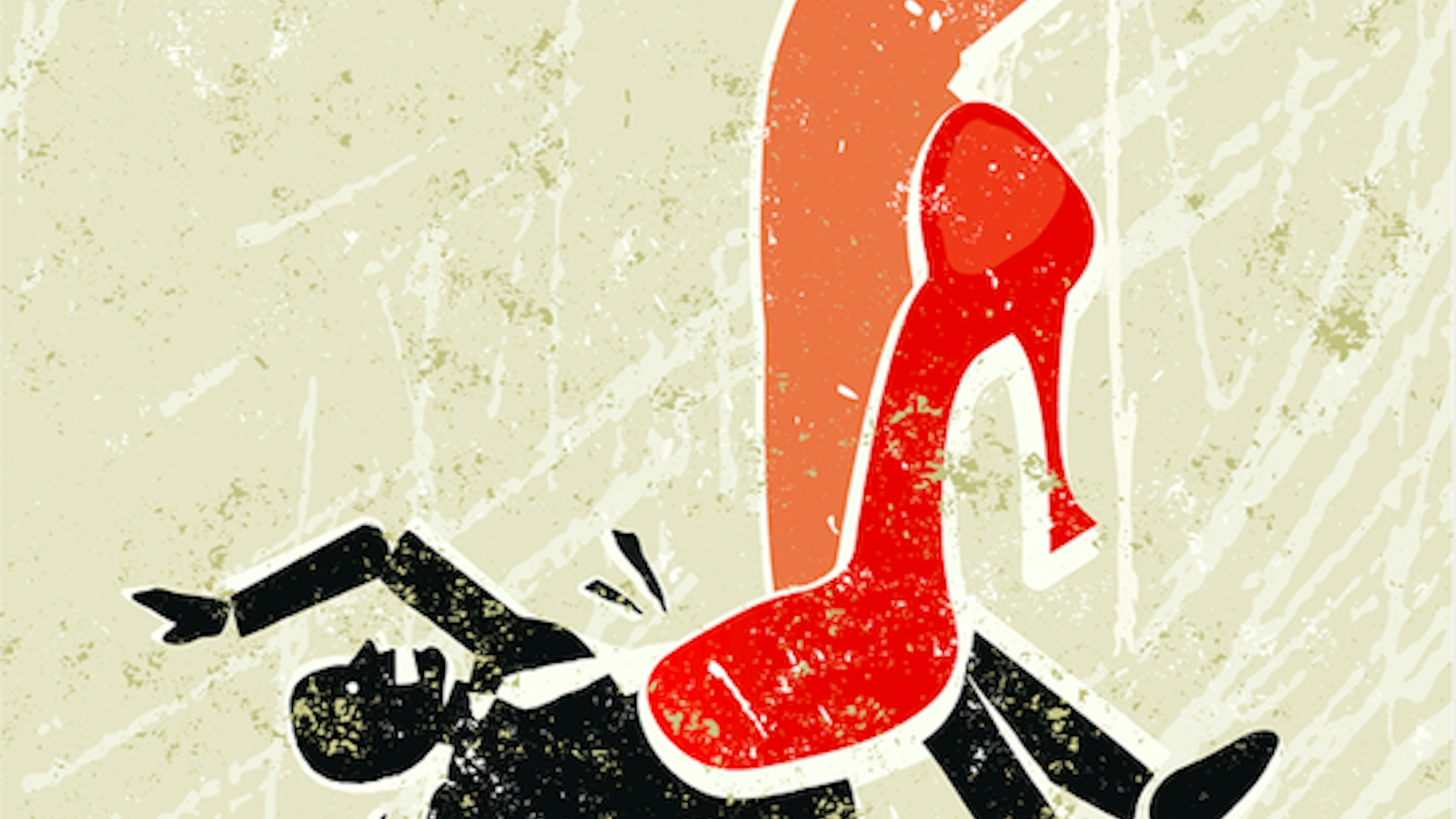 A stylized vector cartoon of a beautiful woman's leg crushing a man under her very high red heels,reminiscent of an old screen print poster and suggesting battle of the sexes, relationship issues, seduction, and putting your foot down.