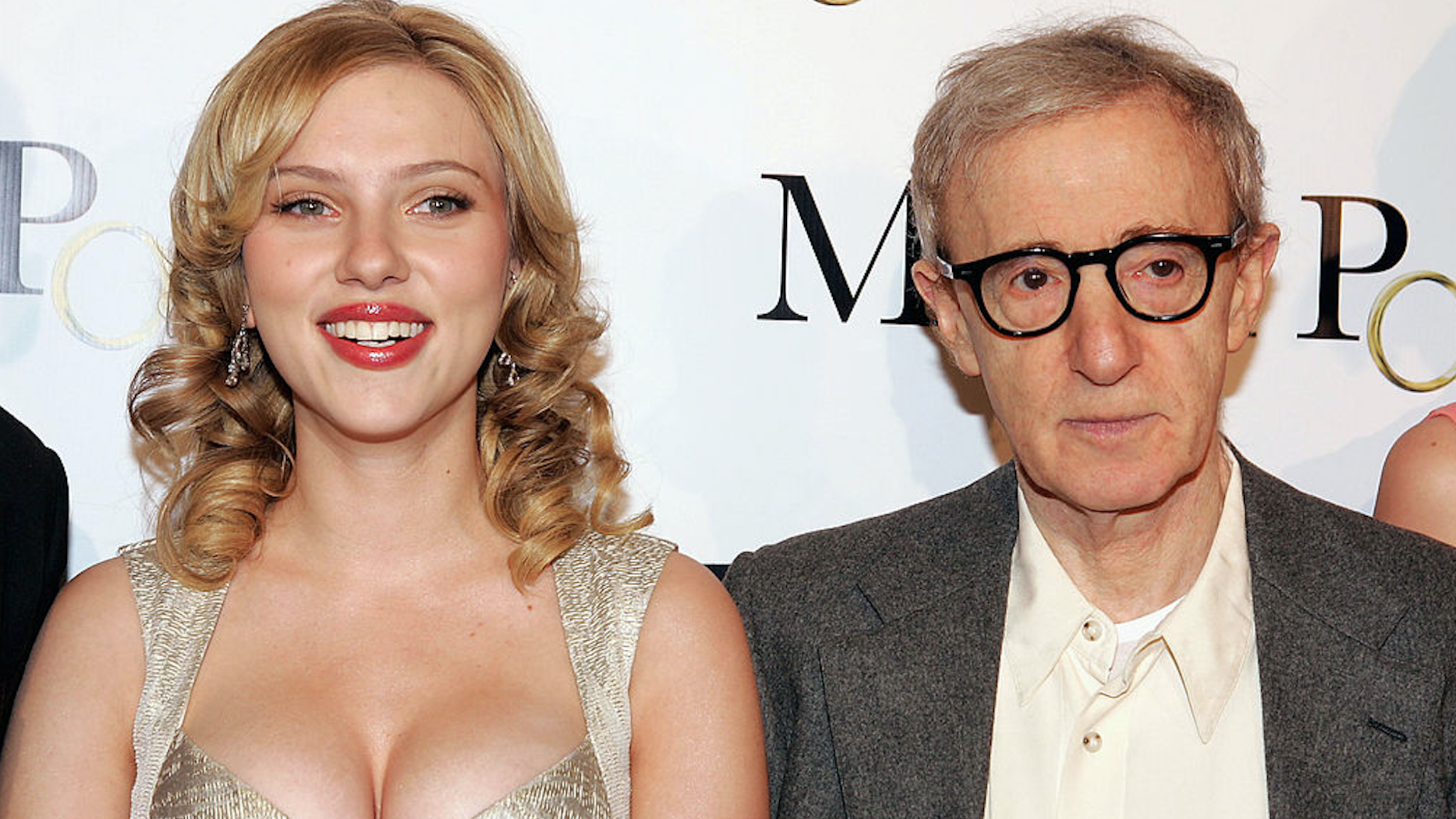 Actress Scarlett Johansson (L) and writer/director Woody Allen pose at the premiere of DreamWorks' "Match Point" at the Los Angeles County Museum of Art on December 8, 2005 in Los Angeles, California.