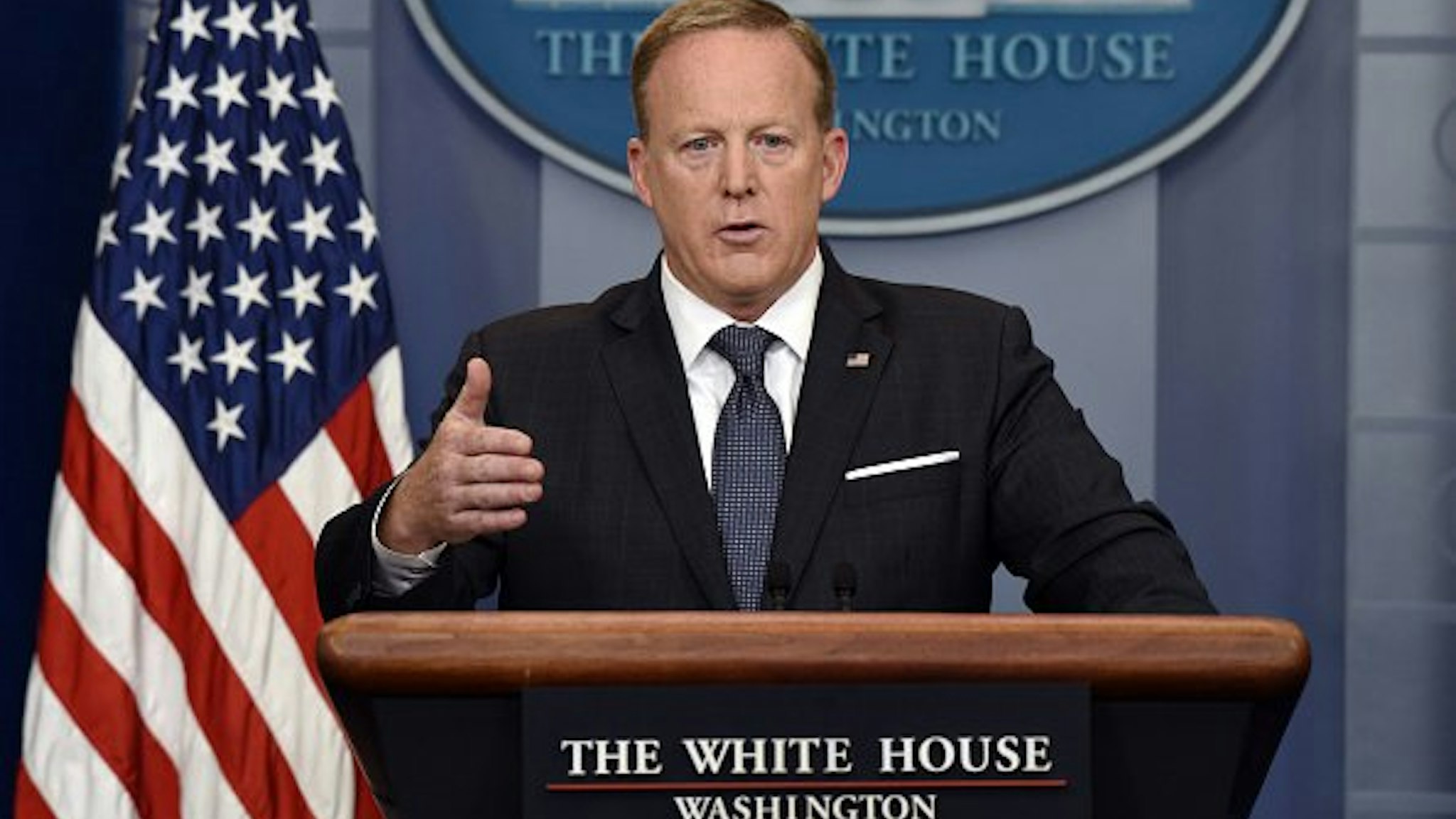 Sean Spicer, White House press secretary, speaks during a White House press briefing in Washington, D.C., U.S., on Tuesday, May 30, 2017.