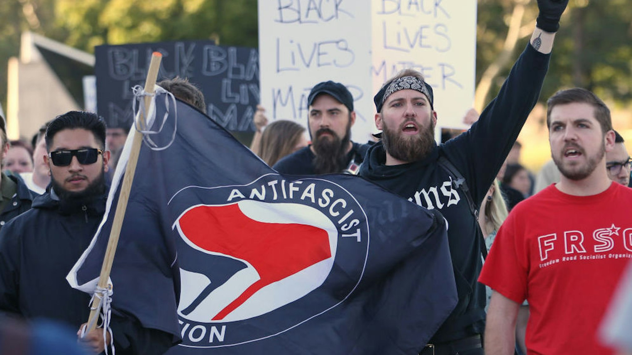 SALT LAKE CITY, UT - SEPTEMBER 27: ANTIFA protesters demonstrate on the University of Utah campus against an event where right wing writer and commentator Ben Shapiro is speaking on September 27, 2017 in Salt Lake City, Utah. Campus authorities have increased security ahead of the appearance by Shapiro, Editor in chief of The Daily Wire.