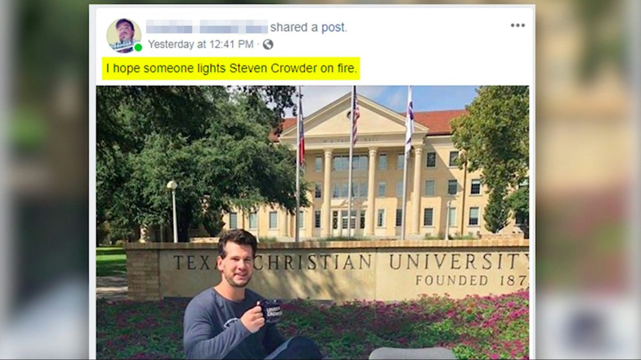 A post by an Antifa member calling for someone to light Steven Crowder on fire.