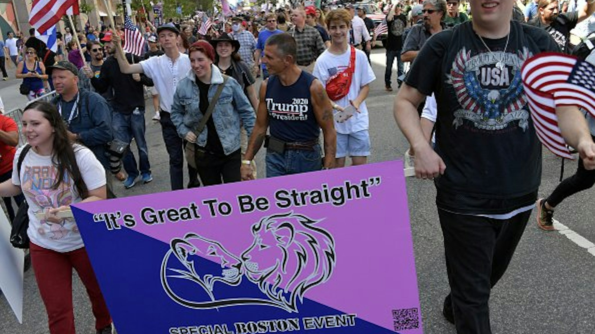 Parade participants are seen at the Boston Straight Pride Parade and Rally organized by Super Happy Fun America on August 31, 2019 in Boston, Massachusetts.