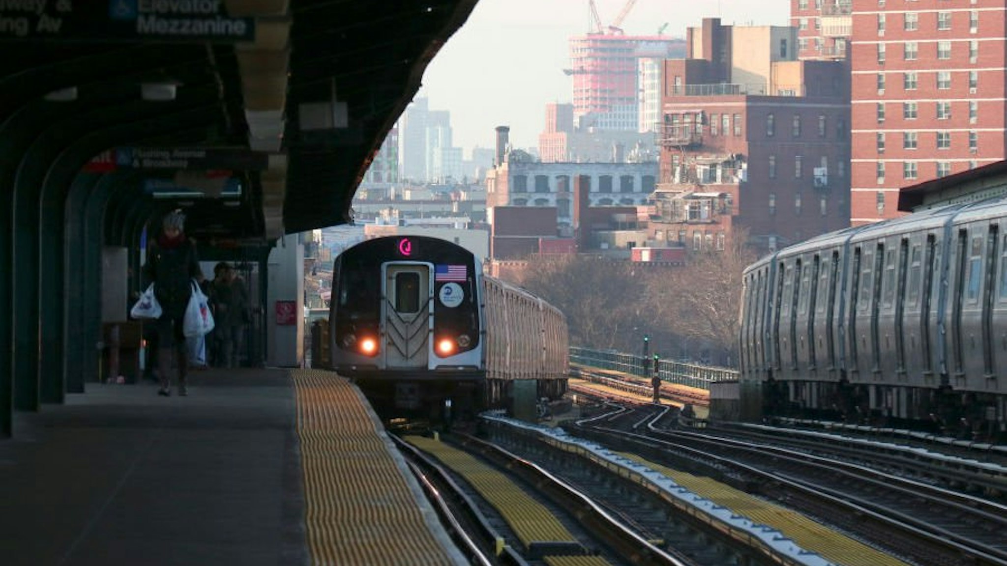 A subway train pulls into the Flushing Avenue station in Brooklyn on February 2, 2019 in New York City.