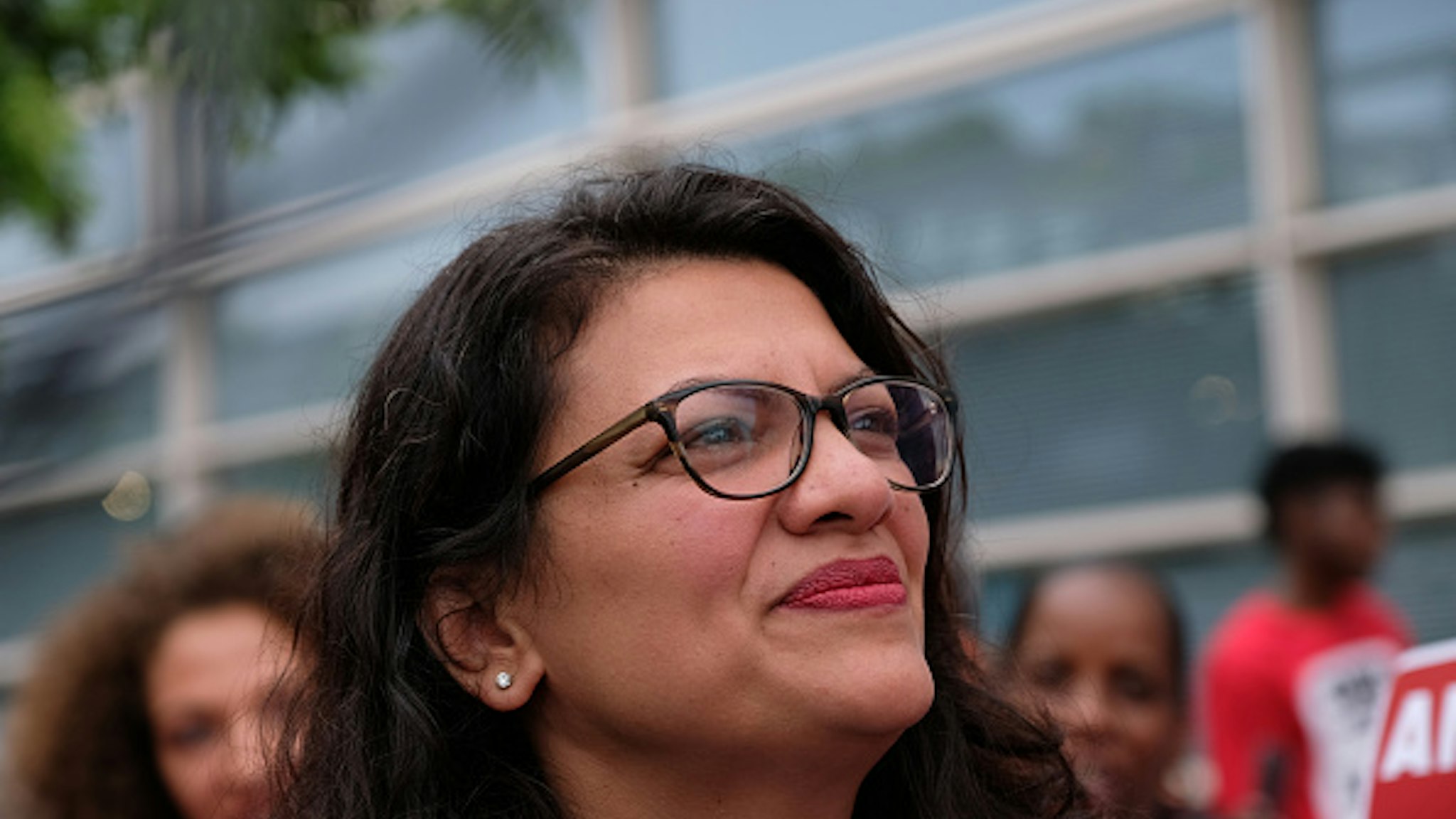 Representative Rashida Tlaib, a Democrat from Michigan, attends a rally with striking airline food workers at Reagan National Airport in Arlington, Virginia, U.S., on Tuesday, July 23, 2019.