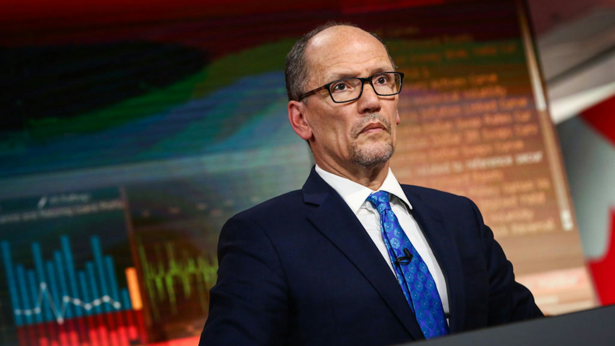 Tom Perez, chairman of the Democratic National Committee, listens during a Bloomberg Television interview in New York, U.S., on Wednesday, Jan. 31, 2018. Perez said U.S. President Donald Trump's immigration proposals will hurt the economy.