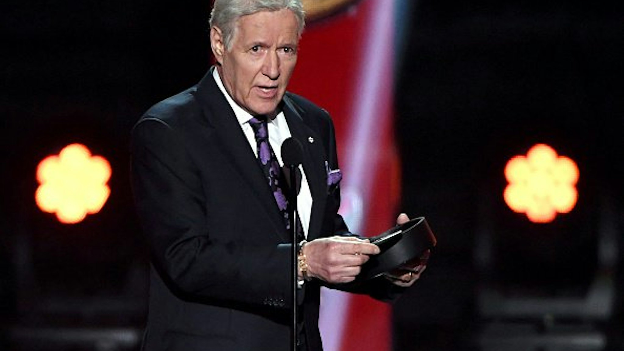 "Jeopardy!" host Alex Trebek presents the Hart Memorial Trophy during the 2019 NHL Awards at the Mandalay Bay Events Center on June 19, 2019 in Las Vegas, Nevada.