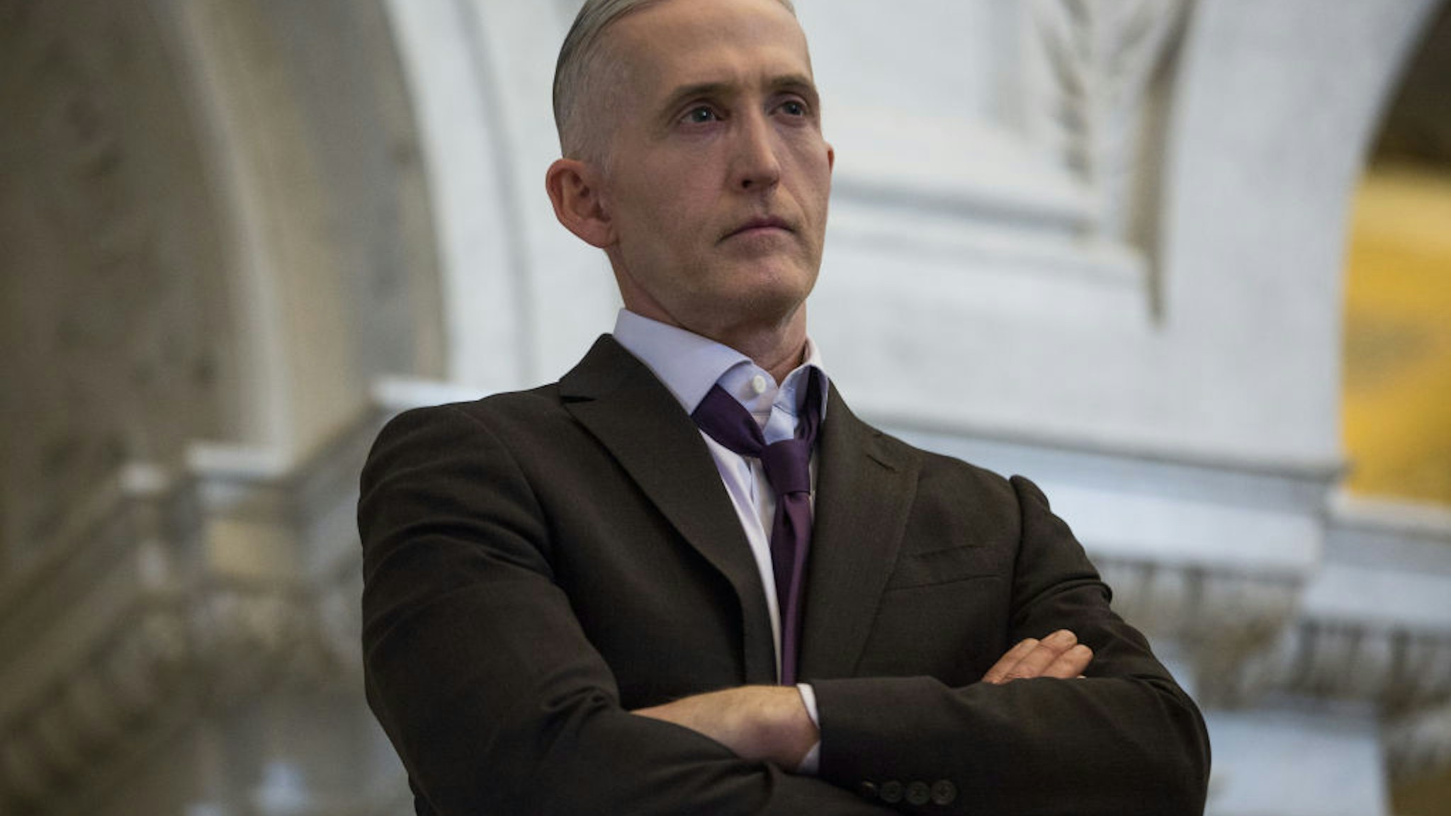 Representative Trey Gowdy, a Republican from South Carolina, listens while U.S. House Speaker Paul Ryan, a Republican from Wisconsin, not pictured, delivers a farewell address at the Library of Congress in Washington, D.C., U.S., on Wednesday, Dec. 19, 2018. Ryan may cap off his time as House speaker by shutting down part of the federal government, barring an unexpected breakthrough this week.