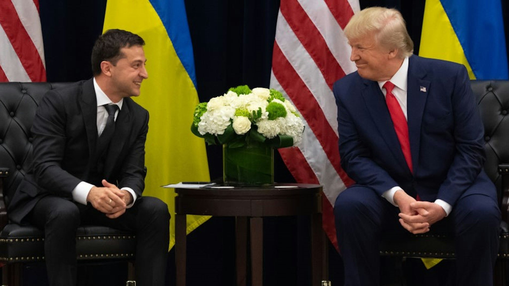US President Donald Trump and Ukrainian President Volodymyr Zelensky speak during a meeting in New York on September 25, 2019, on the sidelines of the United Nations General Assembly