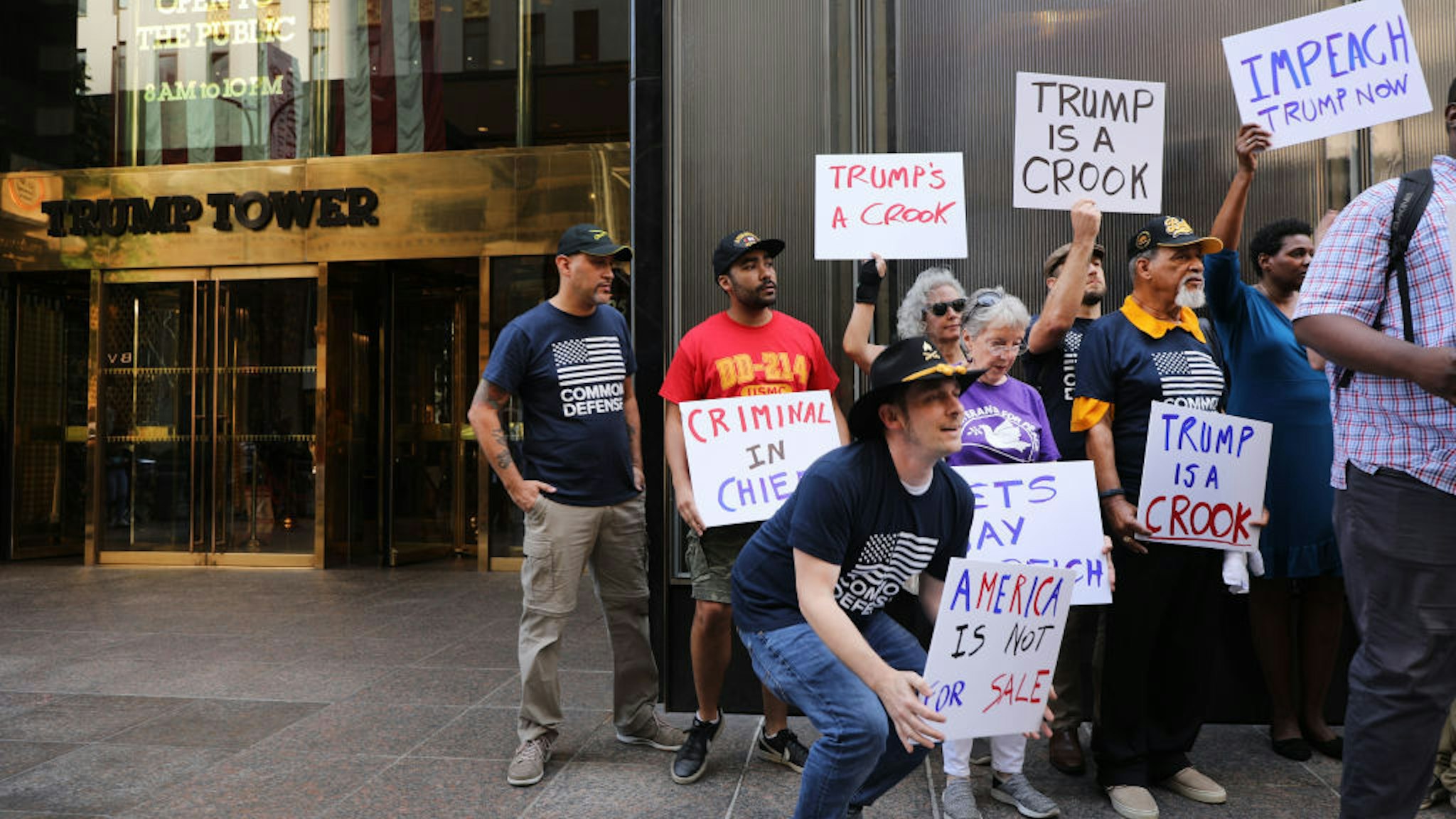 Members of a veterans group called Common Defense protest against President Donald Trump in front of Trump Tower on July 25, 2019 in New York City.