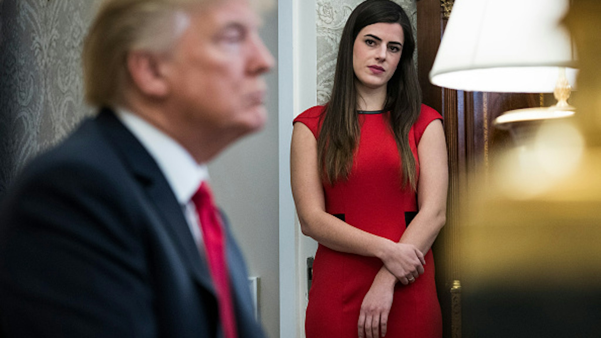 Madeleine Westerhout watches as President Donald Trump speaks during a meeting with North Korean defectors in the Oval Office at the White House in Washington, DC on Friday, Feb. 02, 2018.