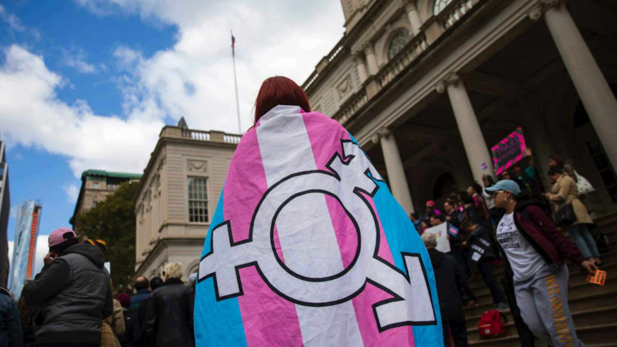 L.G.B.T. activists and their supporters rally in support of transgender people on the steps of New York City Hall, October 24, 2018 in New York City.