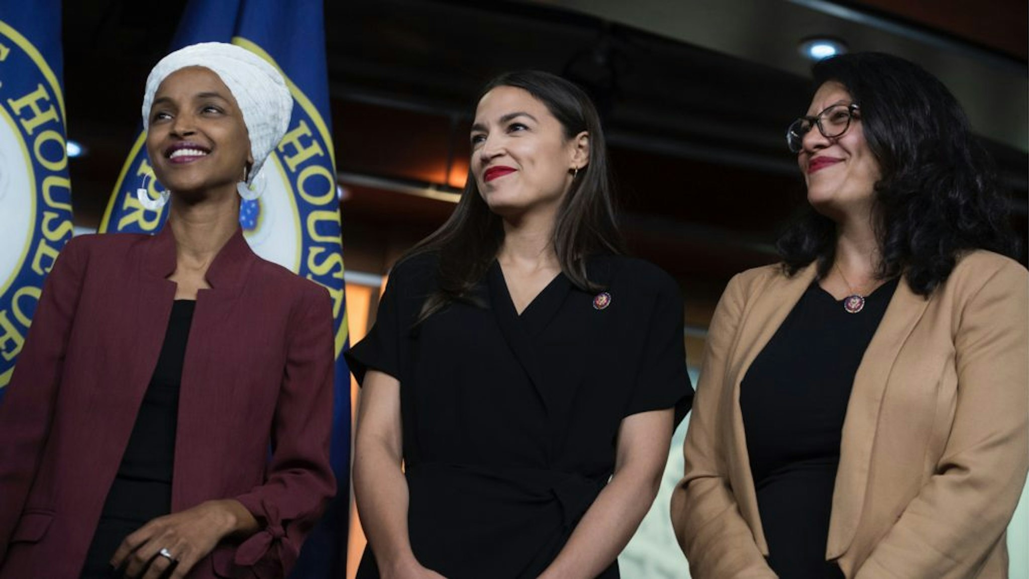 From left, Reps. Ilhan Omar, D-Minn., Alexandria Ocasio-Cortez, D-N.Y., and Rashida Tlaib, D-Mich., conduct a news conference in the Capitol Visitor Center responding to negative comments by President Trump that were directed at the freshmen House Democrats on Monday, July 15, 2019.