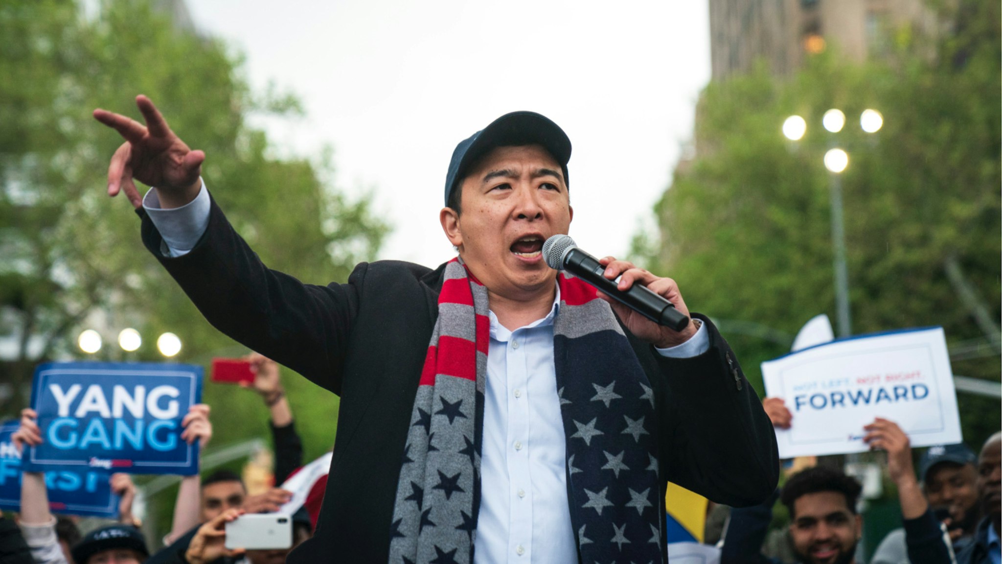 Democratic presidential candidate Andrew Yang speaks during a rally in Washington Square Park, May 14, 2019 in New York City.