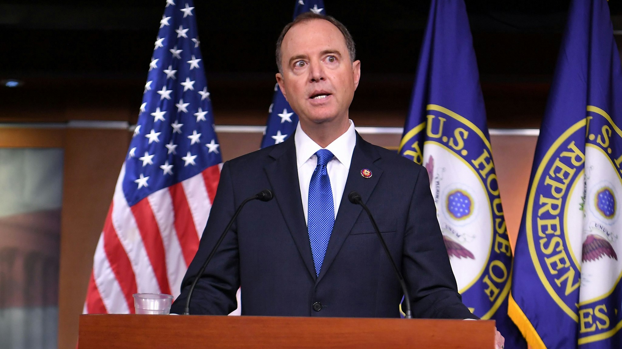 House Speaker Nancy Pelosi and House Intelligence Committee Chair Adam Schiff, D-CA, speak during a press conference in the House Studio of the US Capitol in Washington, DC on October 2, 2019.