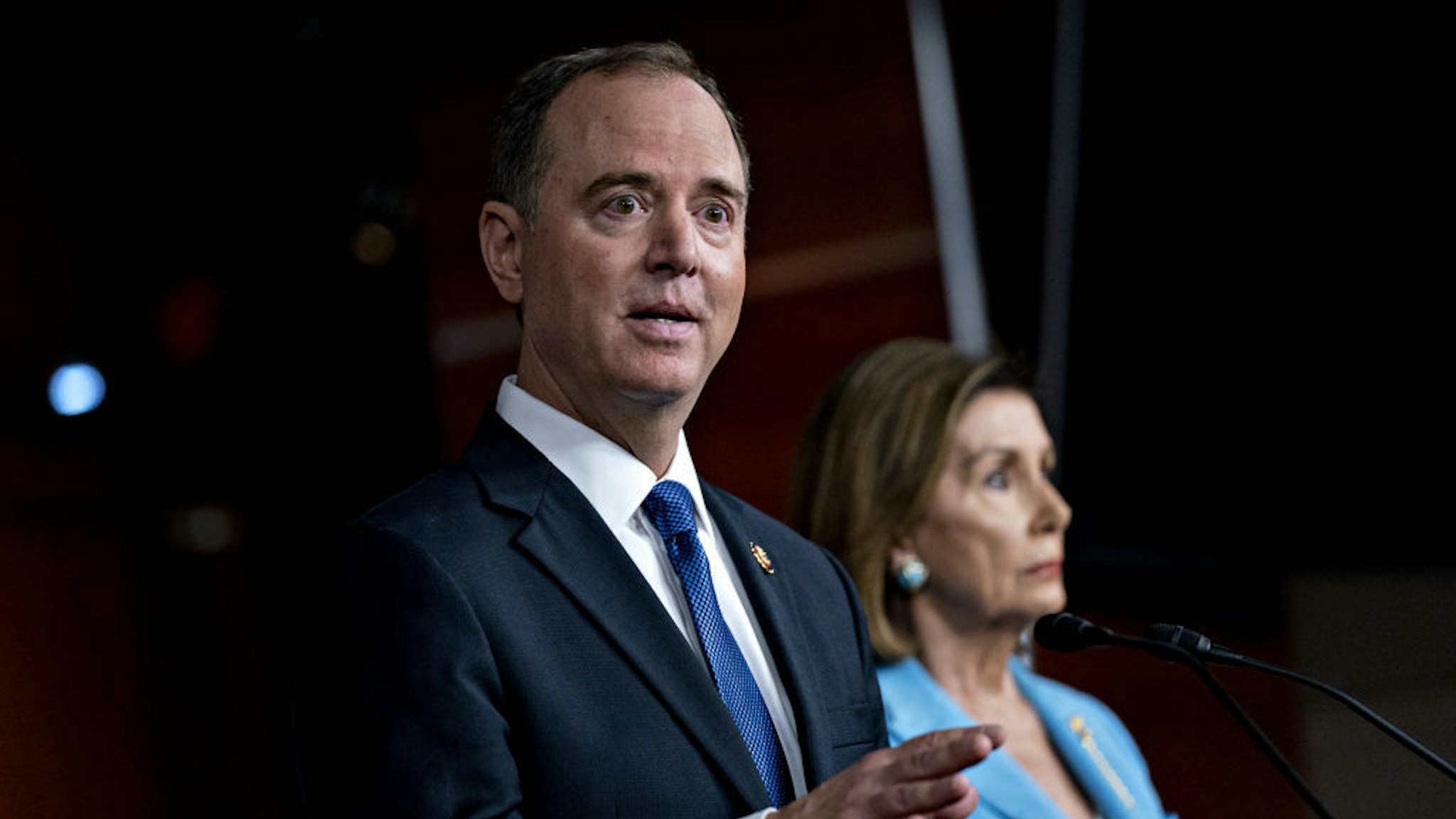 Representative Adam Schiff, a Democrat from California and chairman of the House Intelligence Committee, speaks as U.S. House Speaker Nancy Pelosi, a Democrat from California, right, listens during a news conference on Capitol Hill in Washington, D.C., U.S., on Wednesday, Oct. 2, 2019. Three House committee chairmen threatened on Wednesday to subpoena the White House if it fails to adhere by Friday to document requests related to allegations that President Donald Trump pressured Ukraine into investigating one of his leading political rivals. Photographer: Andrew Harrer/Bloomberg