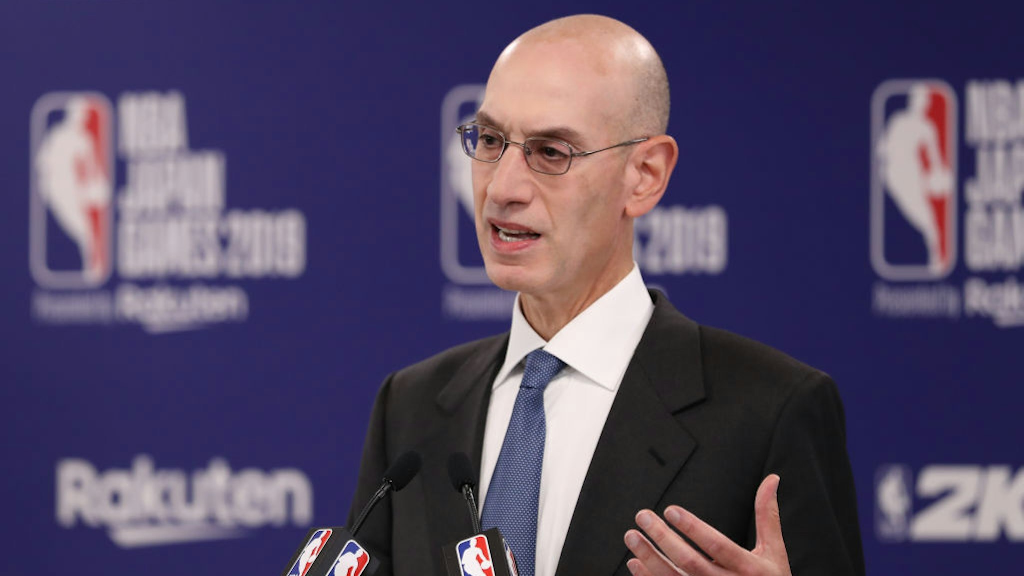 Commissioner of the National Basketball Association (NBA) Adam Silver speaks during a press conference prior to the preseason game between Houston Rockets and Toronto Raptors at Saitama Super Arena on October 08, 2019 in Saitama, Japan. (Photo by Takashi Aoyama/Getty Images)