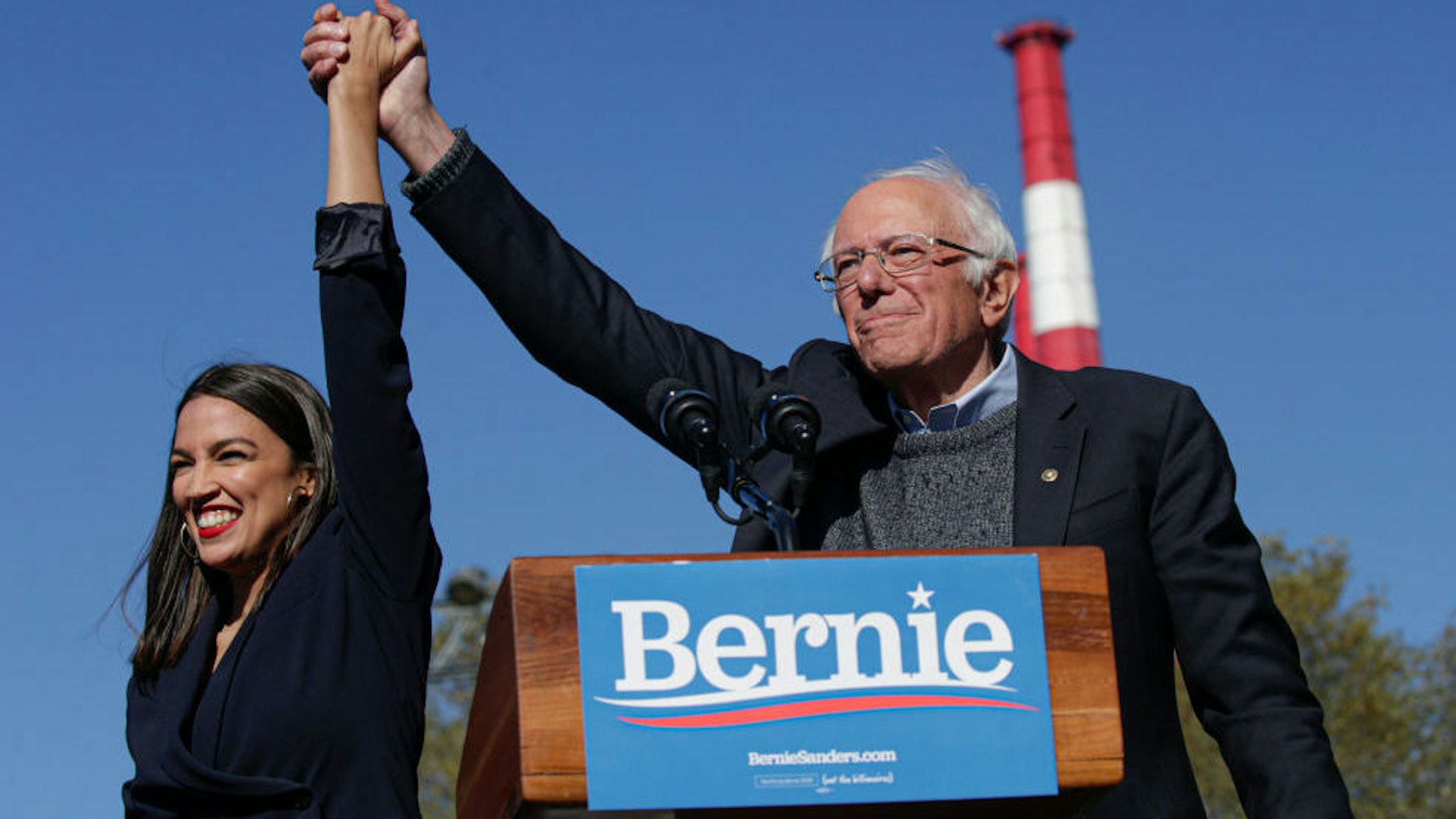 Rep. Alexandria Ocasio-Cortez (D-NY) endorses Democratic presidential candidate, Sen. Bernie Sanders (I-VT) at a campaign rally in Queensbridge Park on October 19, 2019 in the Queens borough of New York City. This is Sanders' first rally since he paused his campaign for the nomination due to health problems. (Photo by Kena Betancur/Getty Images)