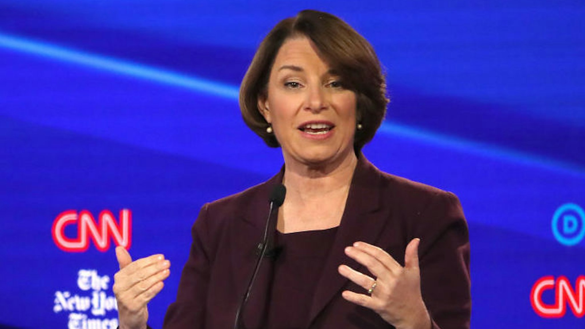 WESTERVILLE, OHIO - OCTOBER 15: Sen. Amy Klobuchar (D-MN) speaks during the Democratic Presidential Debate at Otterbein University on October 15, 2019 in Westerville, Ohio. A record 12 presidential hopefuls are participating in the debate hosted by CNN and The New York Times.