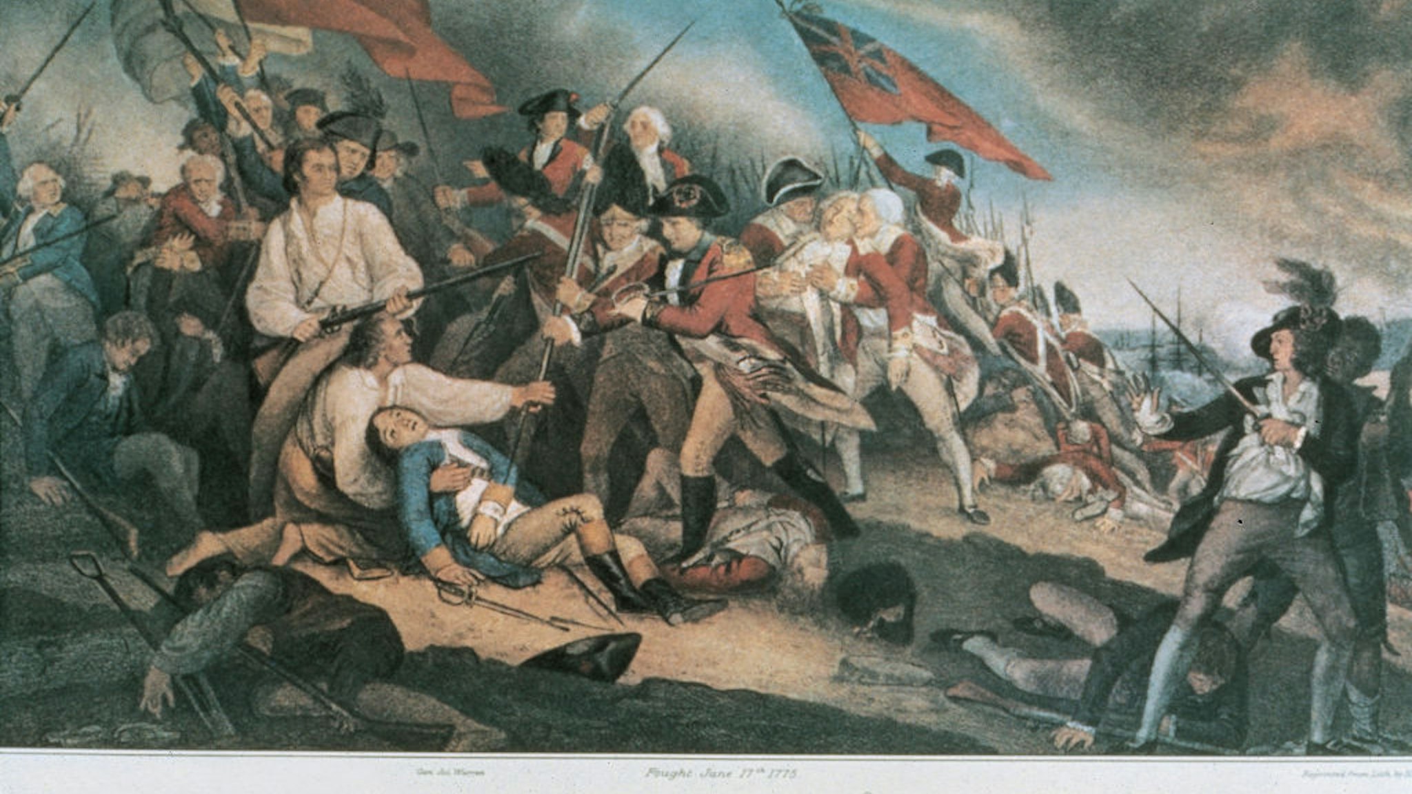 Battle of Bunker Hill on June 17, 1775, United States of America, American Revolutionary War, coloured engraving from a painting by John Trumbull.